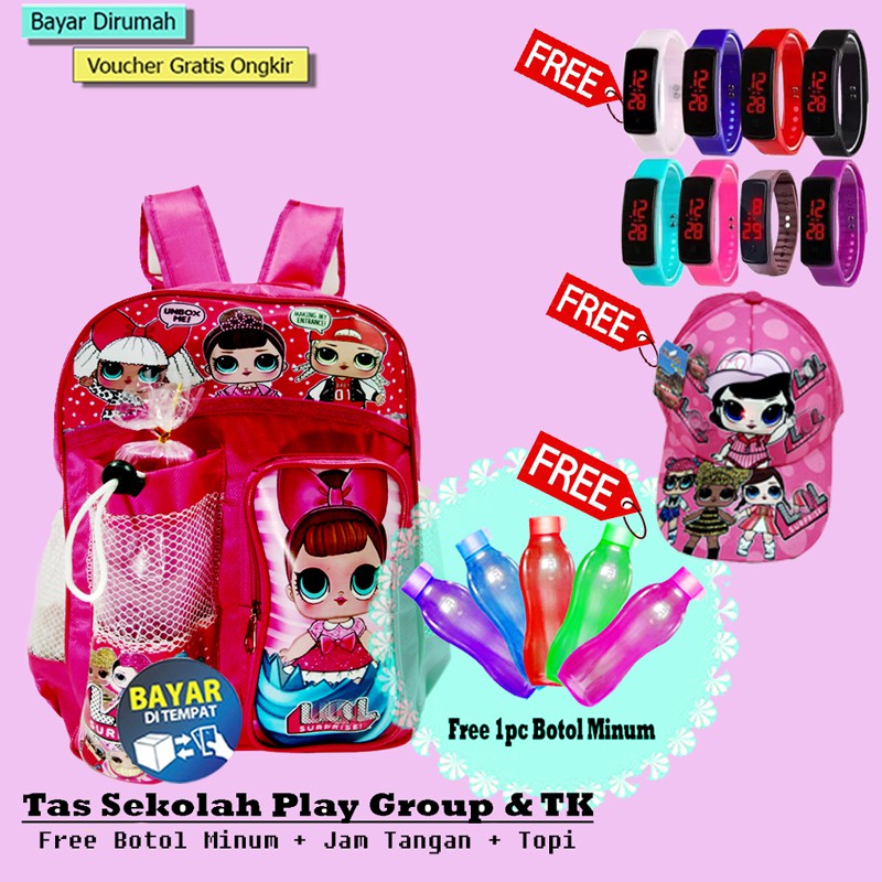 Tas Sekolah Anak TK Perempuan Free Botol Minum Topi dan Jam Tangan mainan Tas Sekolah Paket Hemat