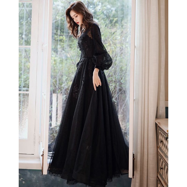 Realpic G348 Bisa custom XS-3XL Gaun mewah impor gaun bridal gaun resepsi gaun hitam lengan panjang