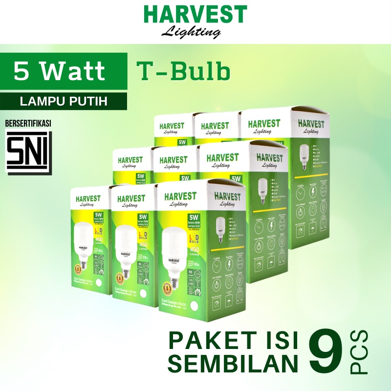 5W - Paket Isi 9 - HARVEST LIGHTING Lampu Kapsul LED T-Bulb 5 watt Lampu Hemat Energi Original Bersertifikat SNI dan Bergaransi