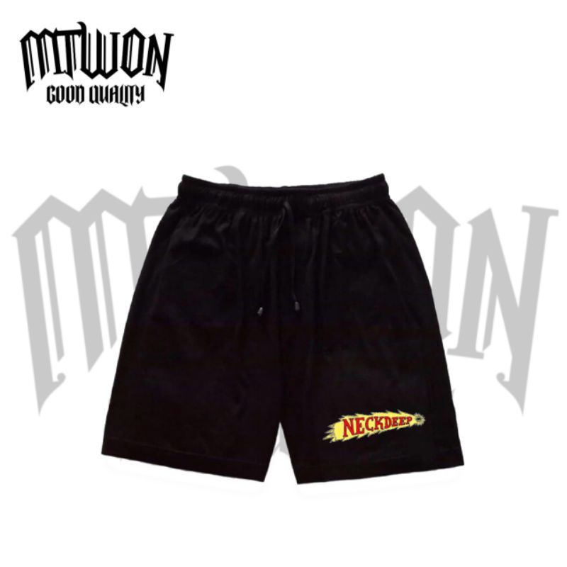 CELANA PENDEK BAND NECKDEEP LOGO HITAM MOTIF ROCK METAL PUNK BOXER SHORTPANTS BRAND DISTRO PRIA WANI