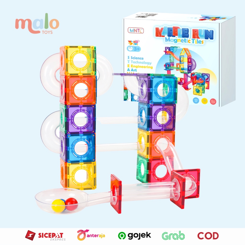 Promo MALOTOYS - MNTL Marble Run 50 Pcs Warna TRANSPARENT CLASSIC Magnetic Tiles Magnet Blocks Blok