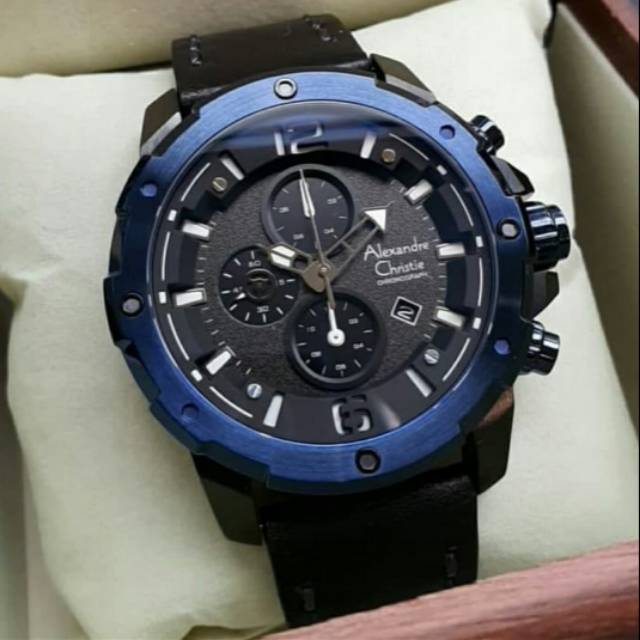 JAM TANGAN PRIA ORIGINAL AOEXANDRE CHRISTIE AC 6410 MC BLUE BLACK LEATHER GARANSI RESMI 1TAHUN