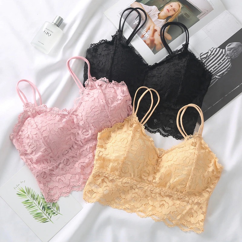 Bra Set BH Setelan Dalaman Brief Set Push Up Tanpa Kawat Motif Bunga Renda Seksi Lingerie Tali Spaghetti Brallete Two Piece Wanita Dalika