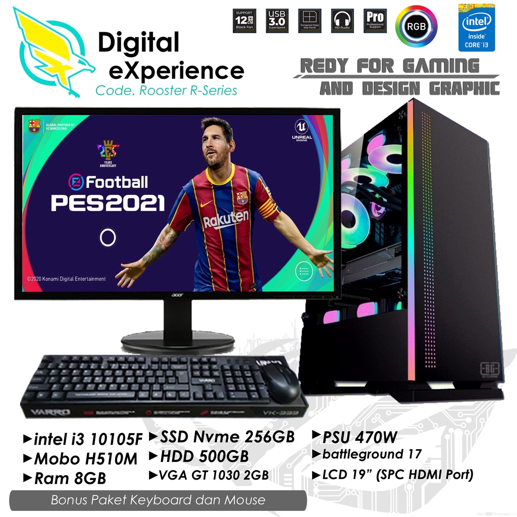 PC FullSet intel i3 10105F, Ram 8GB, SSD Nvme 256GB, HDD 500GB