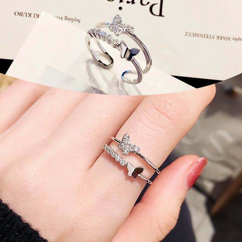 Kupu-kupu Kreatif Cincin Berlian Kristal Mengkilap Baja Titanium Perak Emas Mawar Perhiasan Fashion Wanita Pernikahan Rings