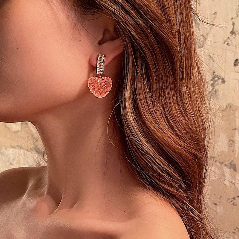 Anting Juntai Bentuk Hati Warna Pink Aksen Kristal Untuk Wanita