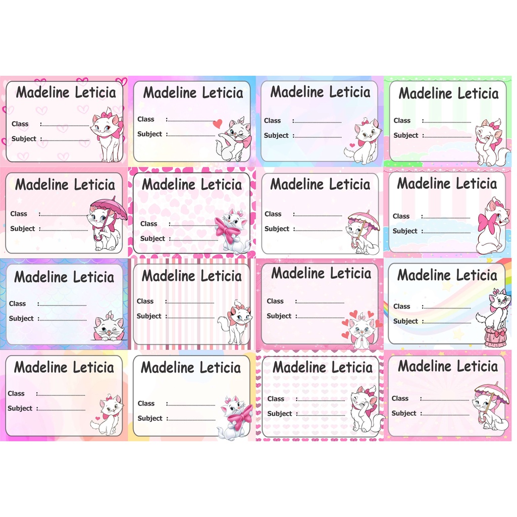 

Marie cat Label stiker buku nama kelas mapel custom