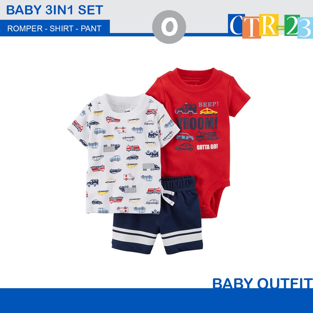 Setelan Carters 3in1 Laki Baju Anak Bayi Cowo Carter Car White