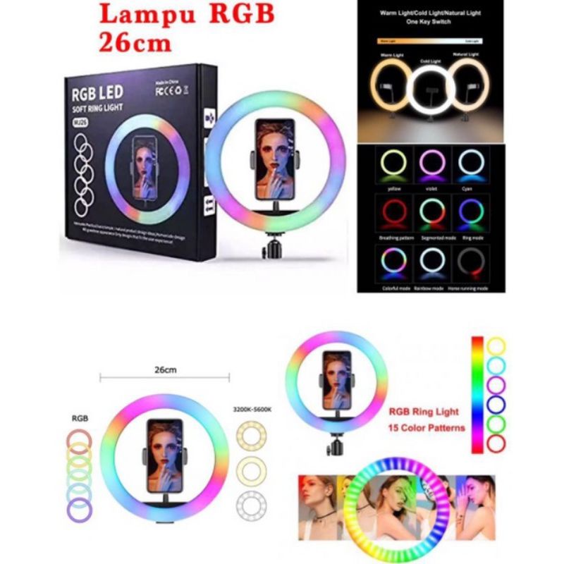 Lampu bulat RGB led Mj26 Soft ring light 26cm tripod 2m