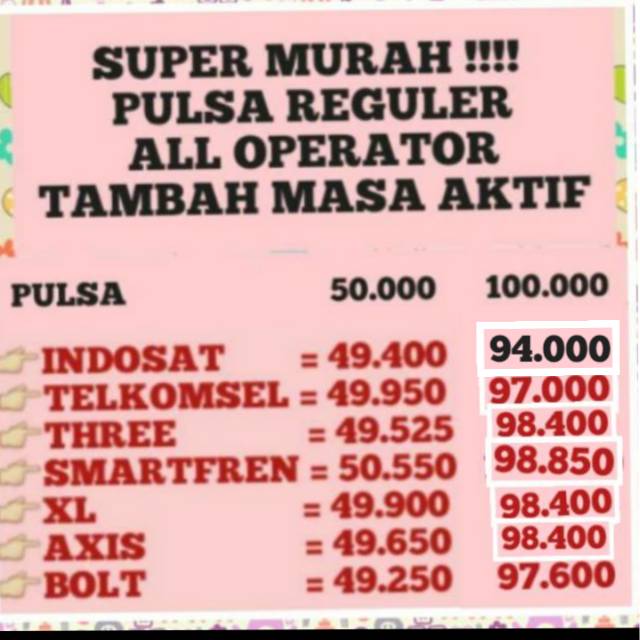 PROMOPULSA REGULER ALL OPERATOR 50K 100K THREE TRI TELKOMSEL INDOSAT XL AXIS  TAMBAH MASA AKTIF