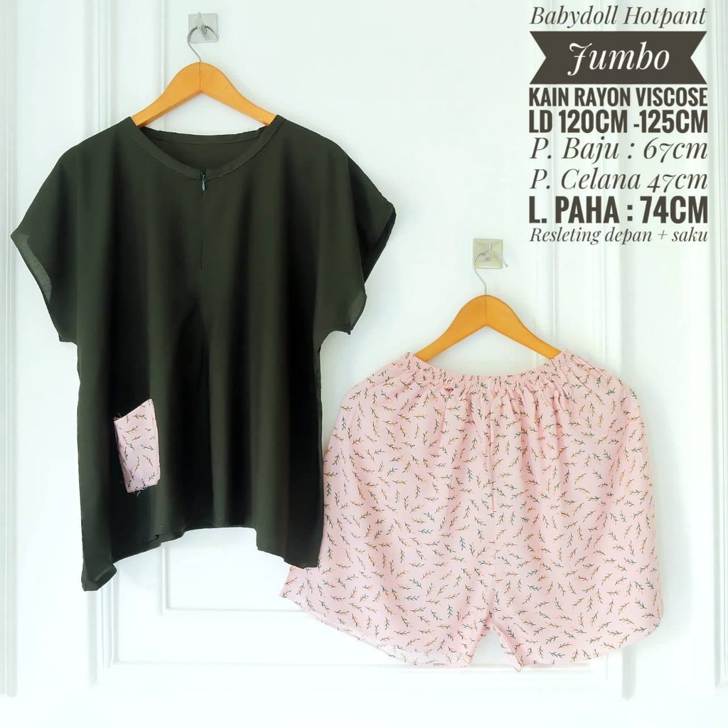 One Set Wanita Babydoll Hotpants Jumbo Rayon Viscose Setelan Wanita Lengan Pendek Baju Piyama Bigsize Kekininan LD 120 cm