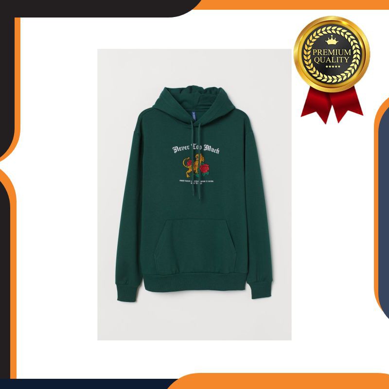 Terlaris Hoodie Never Too Much Dark Green HNM H&M Original (Unisex) Promo