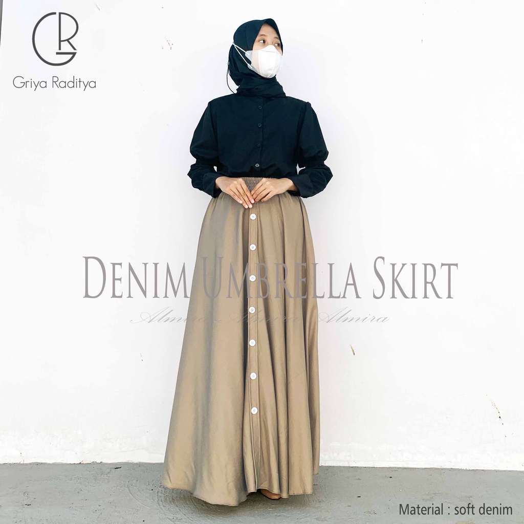 Rok Panjang Wanita Payung Muslimah Jeans Button Umbrella Skirt Chambray Soft Denim Griyaraditya