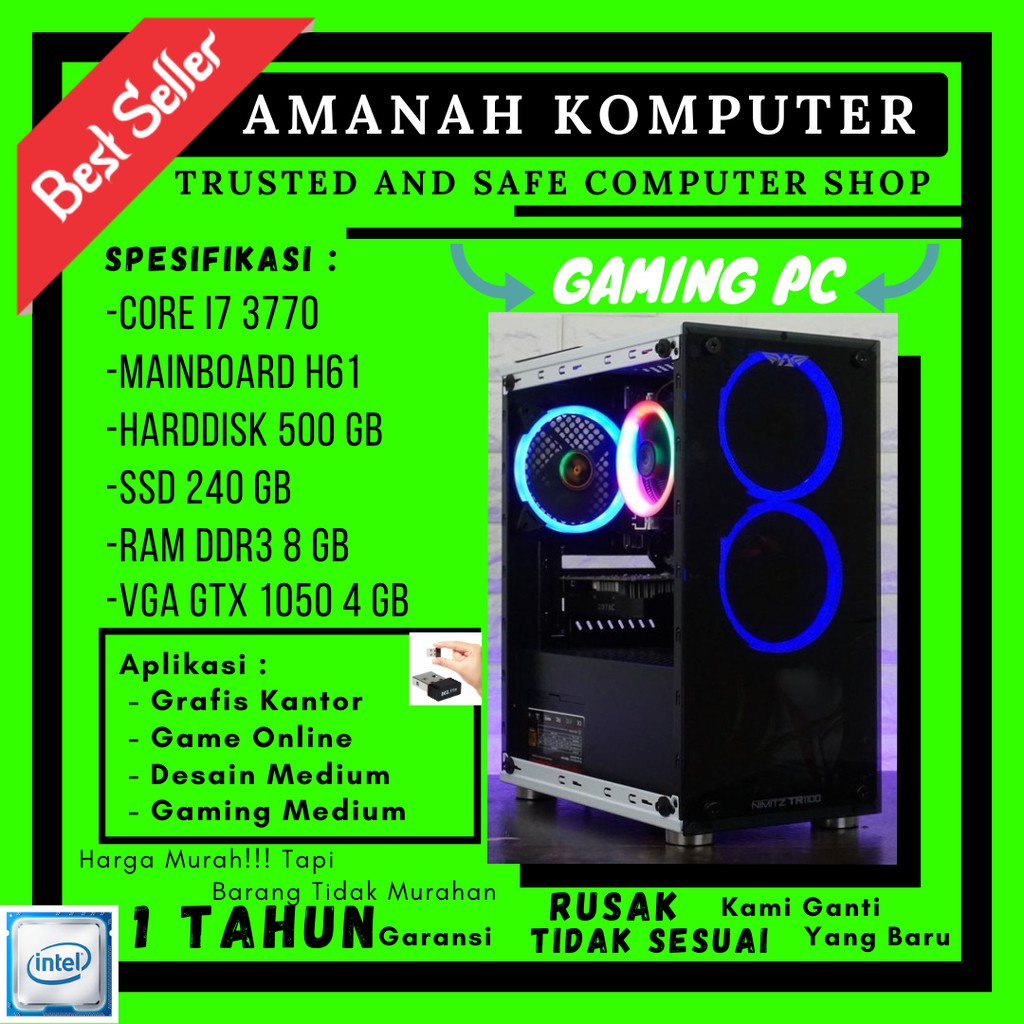 KOMPUTER GAMING CORE i7 3770 KOMPUTER CPU VGA GT 1050 4GB SSD 240 E46