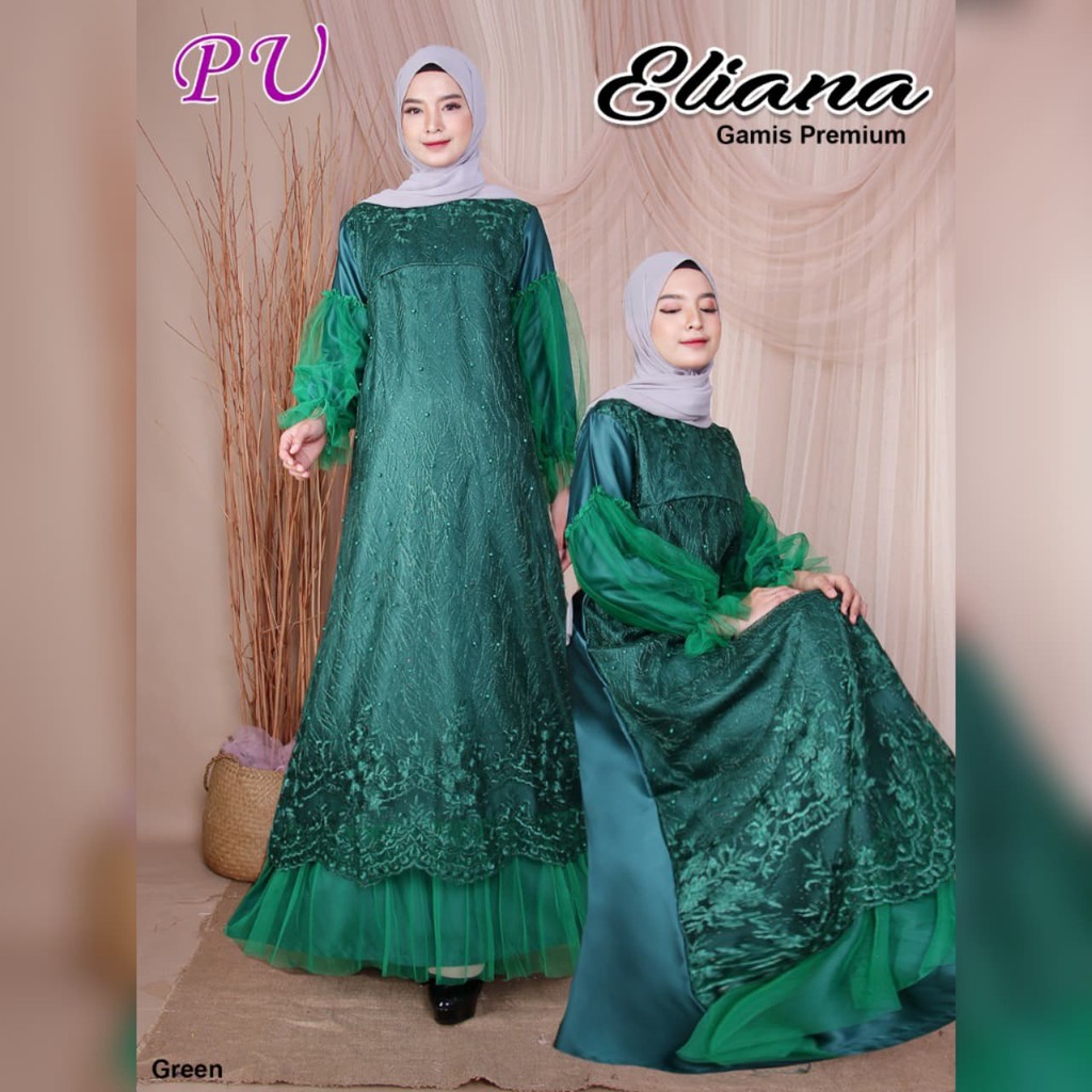 SMARTDN Promo gamis pesta ELIANA HIJAU BOTOL BRUKAT TILE BAJU LEBARAN MURAH Murah