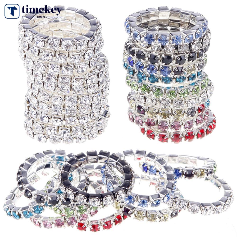 Timekey 10pcs Cincin Silver Elastis Hias Kristal Berlian Imitasi Multi Warna Untuk Wanita A2K7