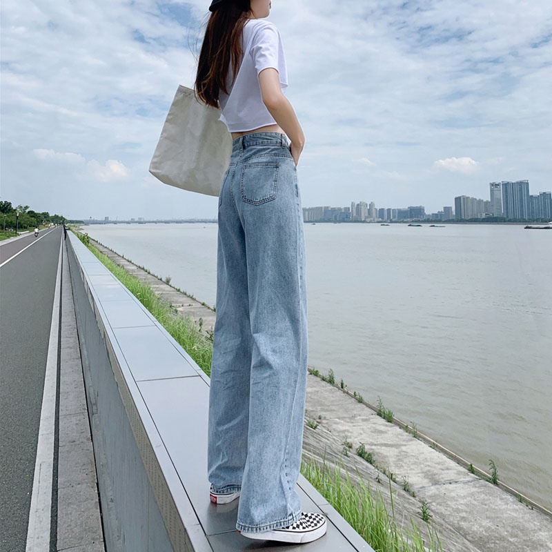 XIAOZHAINV Korean Style Jeans Wanita Retro Loose Highwaist Straight Jeans