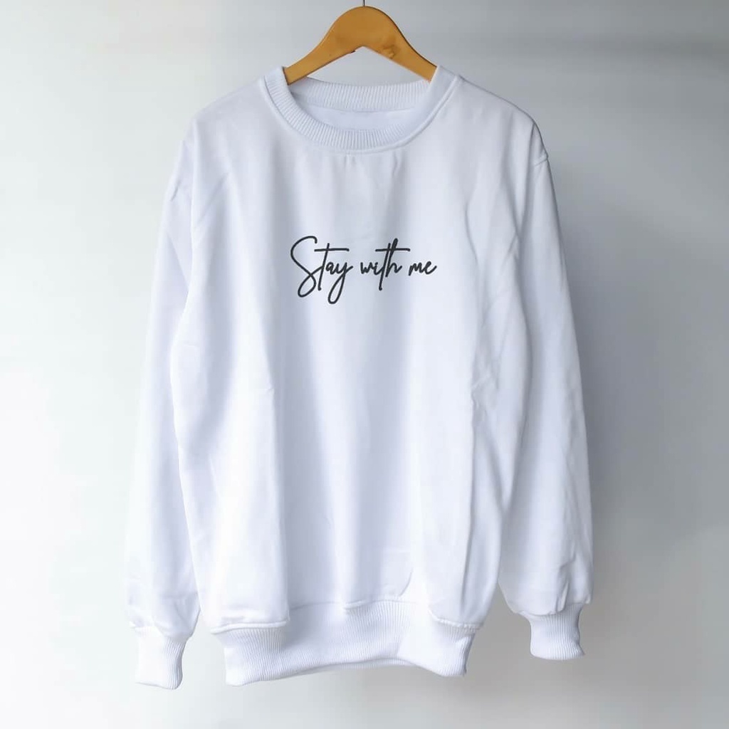 sweater tanpa kupluk pria xxl STAY WITH ME warna putih crewneck oversize murah berkualitas