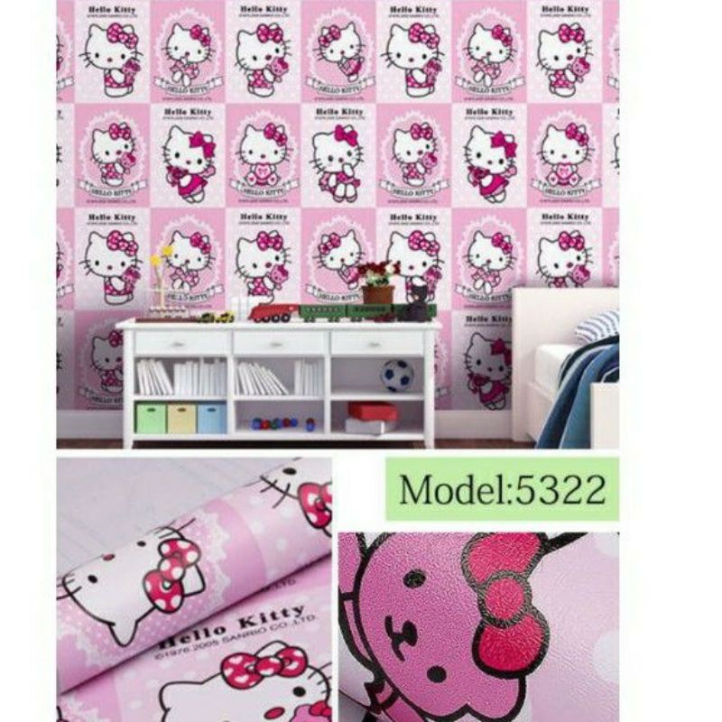 Wallpaper Dinding Motif Hello Kitty Kotak Pink 10m x 45cm