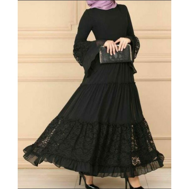 Maxy dress outer set gamis abaya umroh haji perempuan brukat hitam (Mihrima maxy dress abaya brokat ) muslim jetblack saudi dubai turki baju kondangan maxi  modern import murah