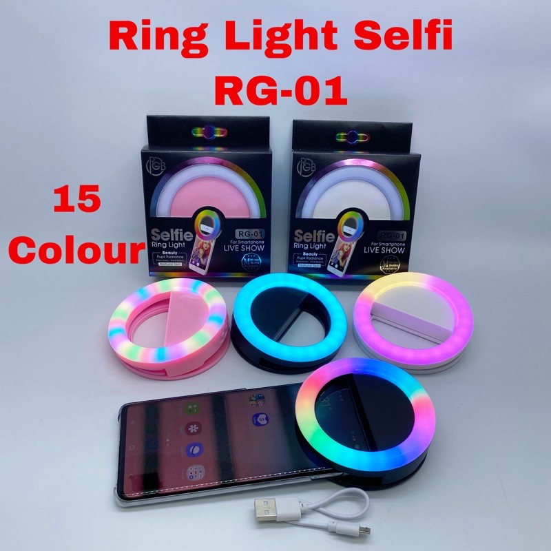 Selfie Ring Light LED RG 01 / Ring Light Jepit Di Hp 15 Warna Lampu