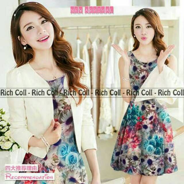Pakaian wanita mini dress motif bunga set plus blazer