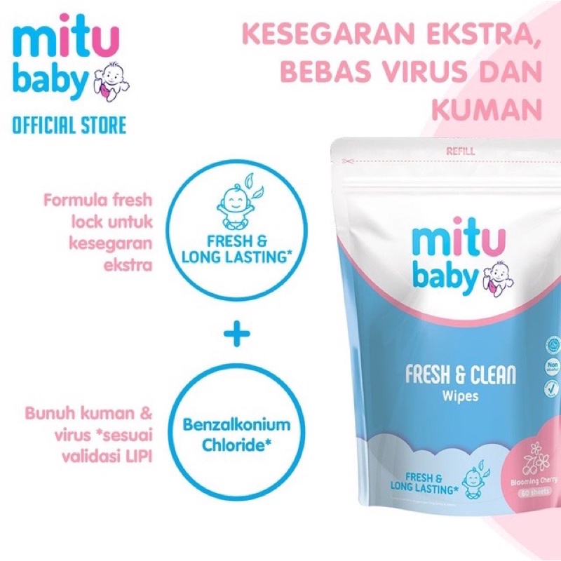 Mitu Baby Wipes Fresh &amp; Clean Refill Bottle Tissue Bayi Tisu Bayi isi Ulang Kemasan Botol 60Sheets