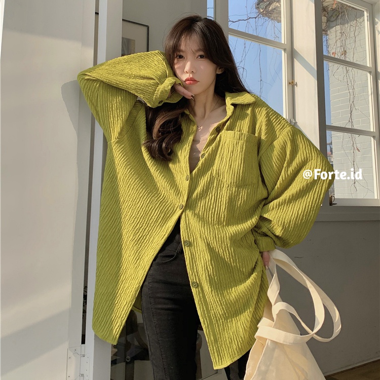 Kemeja Lengan Panjang Wanita Terbaru Crinkle Shirt Oversize Korean Style Blouse Import