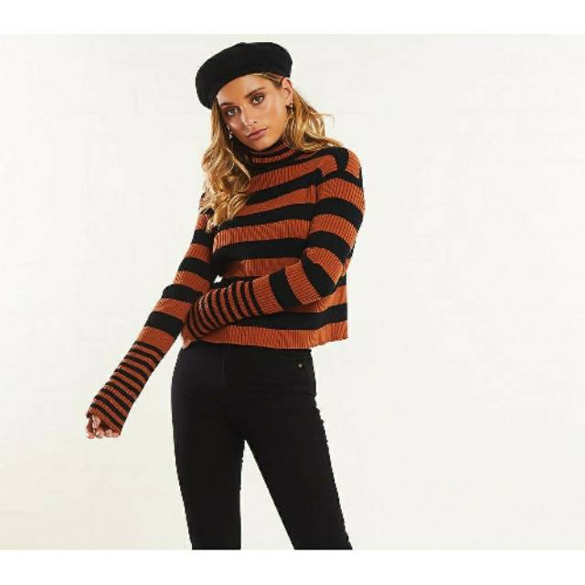 [baju wanita korea]  Baju Atasan Rajut Garis Wanita Turtle Neck Sweater Blouse Korea Import