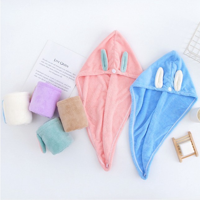 Cute Rabbit Ear LOVE Hair Lady Towel Shower Cap Handuk Keramas rambut