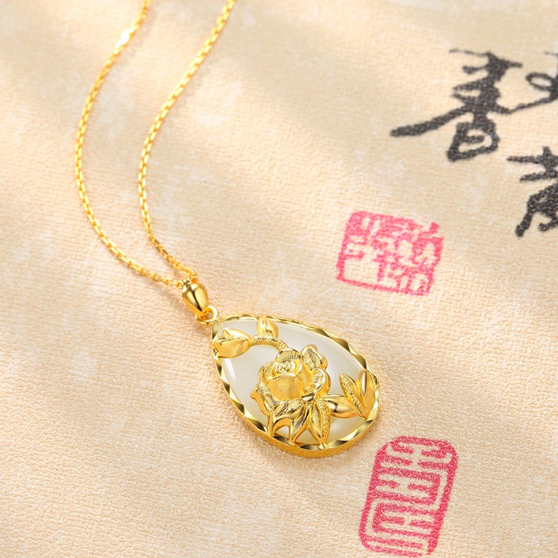 [Ready Stock]Fashion Gold-Plated Lotus Necklace Inlaid with Jade Pendant