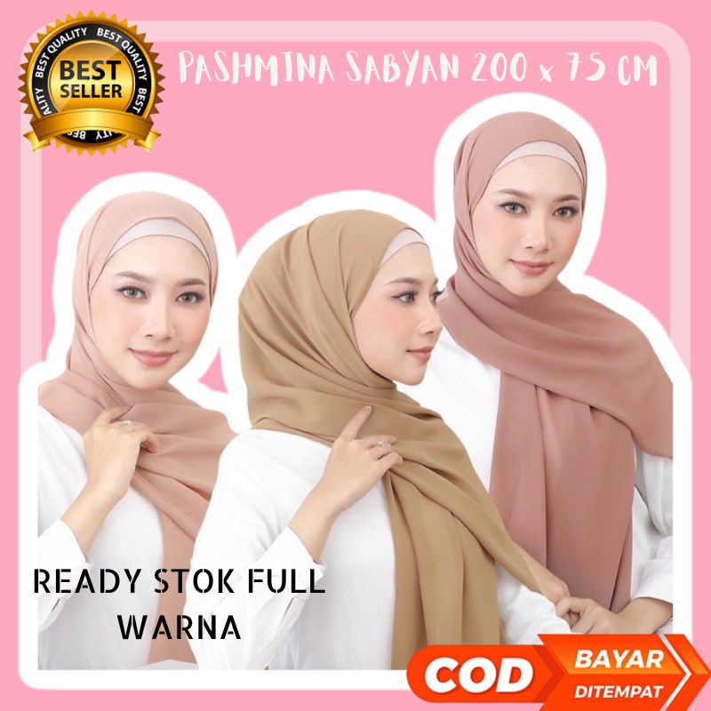 hijab pashmina sabyan diamond 200 x 75 cm jahit tepi full warna