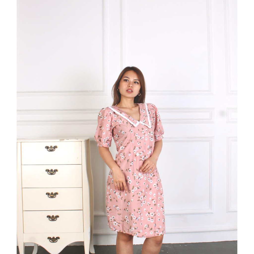 BAJU KEKINIAN ALA KOREA LA0003 (Dress Bunga pink)