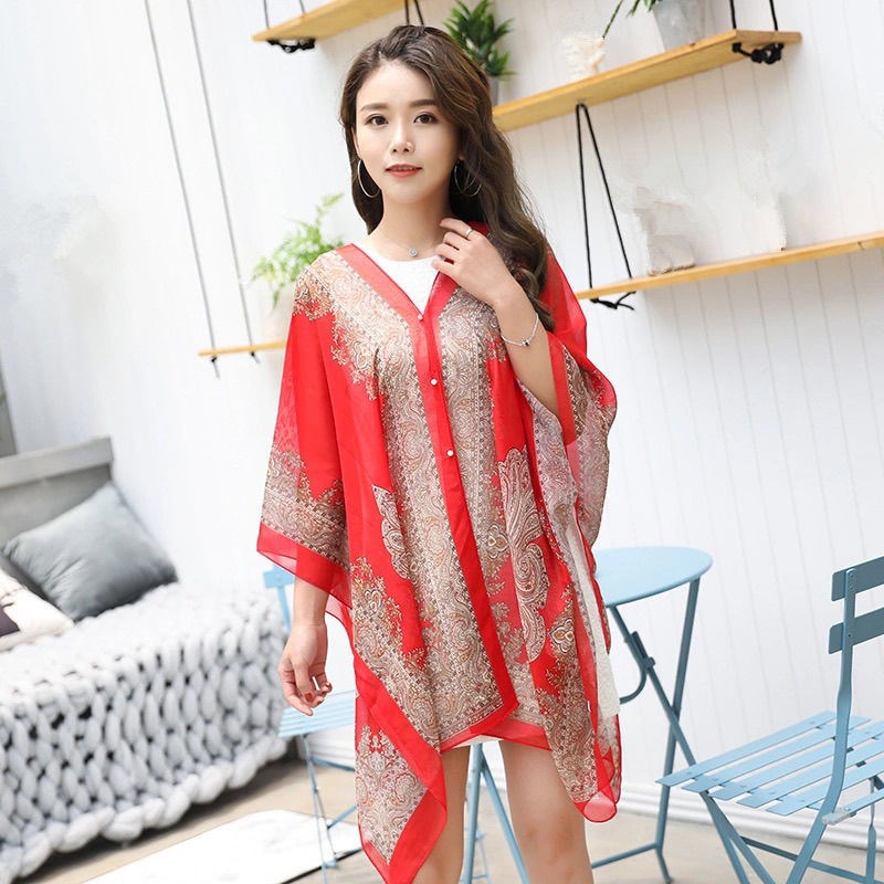 Outer Scarf Scraft Outer Selendang Pelindung Matahari Wanita Scraf Leher Outer Pantai Bahan Sifon Baju Syal Scarf Printing Batik Chiffon Sutra Shawl Wanita Silk