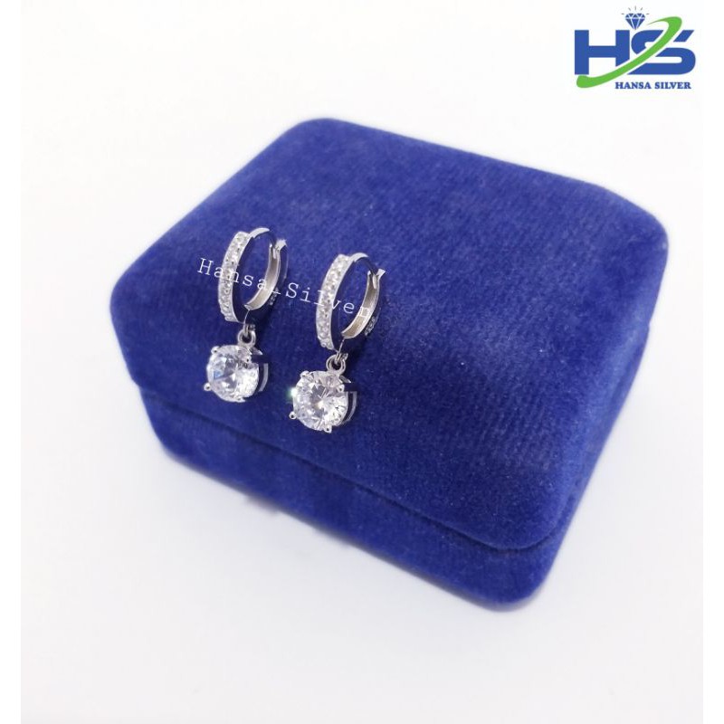 Anting perak Asli Silver 925 Lapis Emas Putih Model Jepit Agogo Batu Putih - Anting Wanita Anti Karat