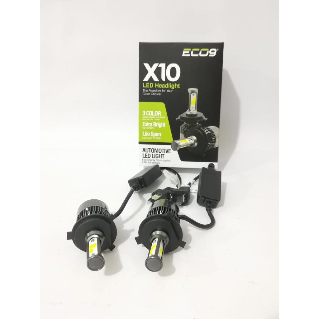 ECO9 X10 LAMPU DEPAN LED H4 MOBIL 3 WARNA HEADLAMP HI-LOW GARANSI