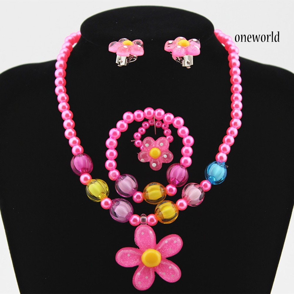 OW@ 5Pcs Handmade Flower Necklace Bracelet Ring Ear Studs Kids Girls Jewelry Set