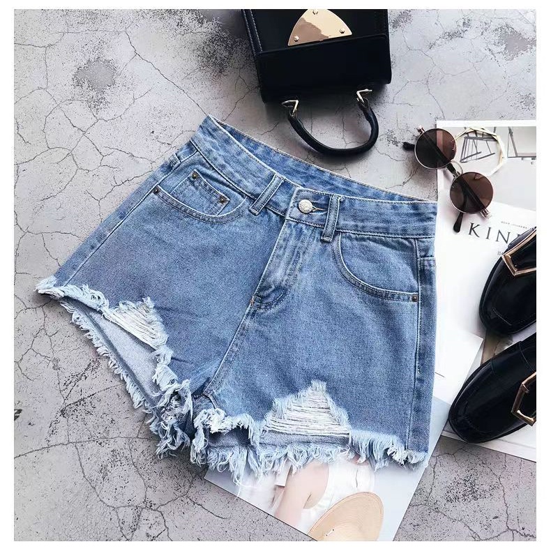 【Promo】Blue celana jeans pendek wanita hot pants jeans ripped kakinian dewasa high waist hitam santai cewek