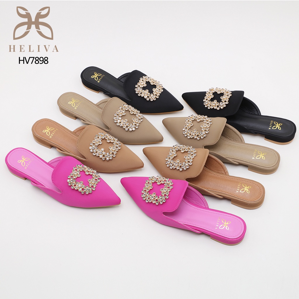 HELIVA HAEDA Sepatu Mules Jewel Low Heels 1,5cm Flat Teplek Bahan Satin HV7898 Original Brand