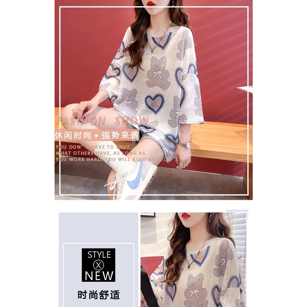 T-Shirt Over Size Wanita Korea Style 2022 Motif Bear Love