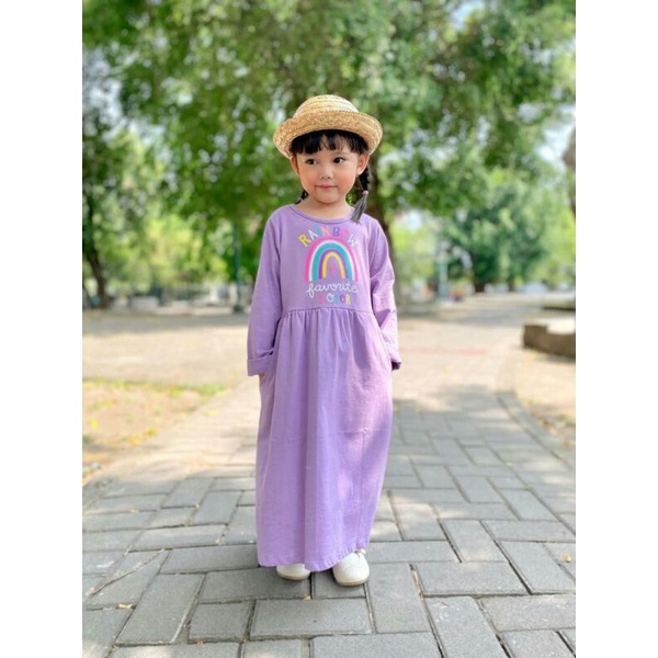 Gamis Kaos Anak Perempuan Sablon Rainbow umur 2 tahun 4 tahun 6 tahun 8 tahun 10 tahun Terbaru Gamis