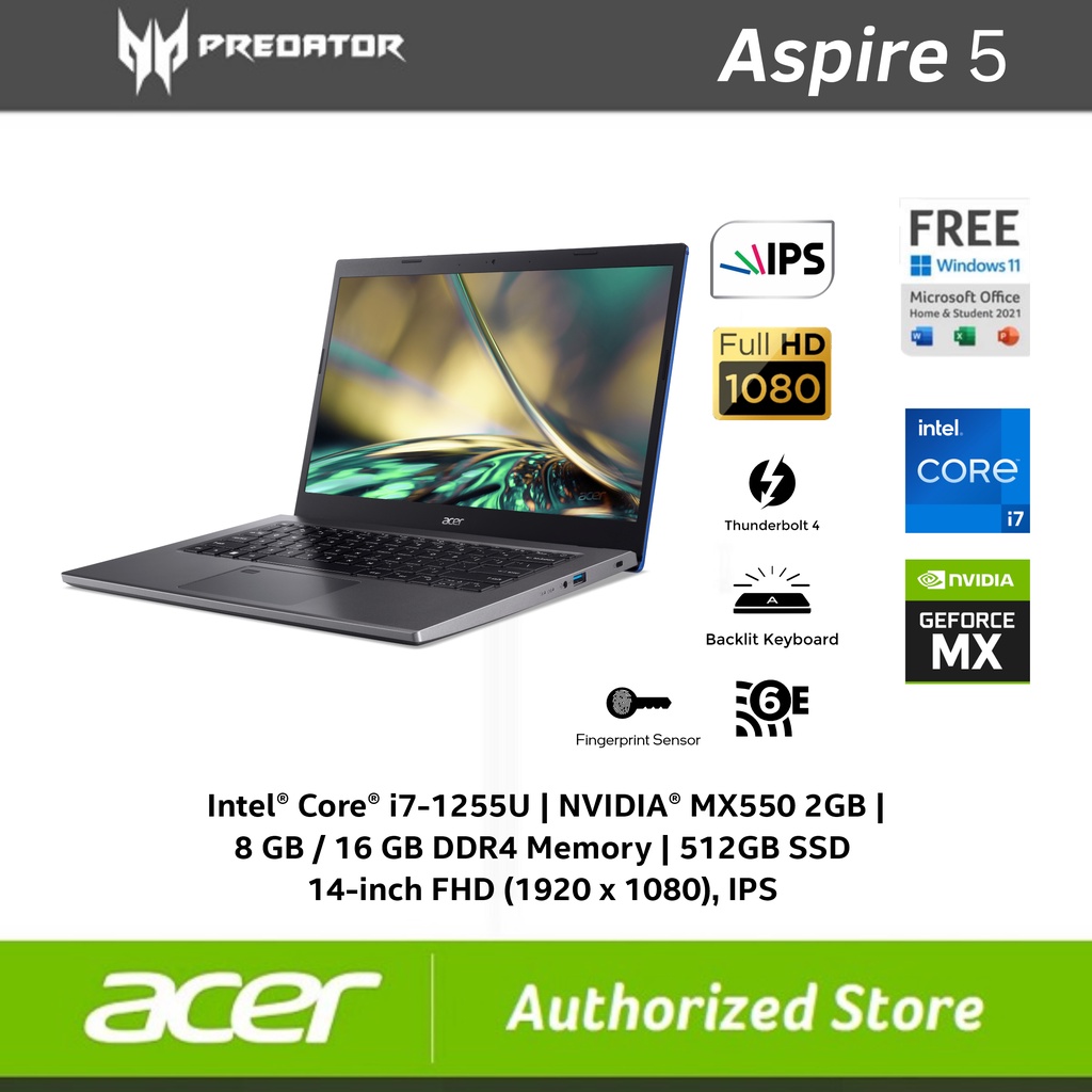 ACER Aspire 5 A514-55G i7-1255U RAM 8GB/16GB SSD 512GB 14&quot; FHD IPS MX550 W11 OHS