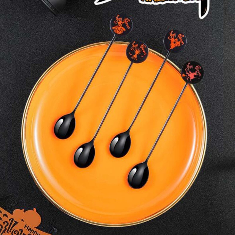 4pcs / set Sendok Kopi Desain Labu Hantu Penyihir Halloween Bahan Stainless Steel Warna Silver Untuk Pesta