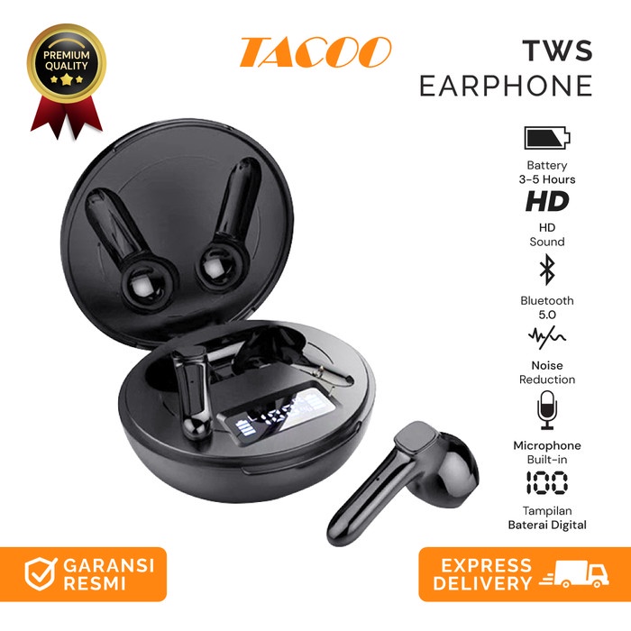 Tacoo Tws Earphone Teh0431 Bluetooth 5.0 Deep Bass Noise Reduction - Hitam