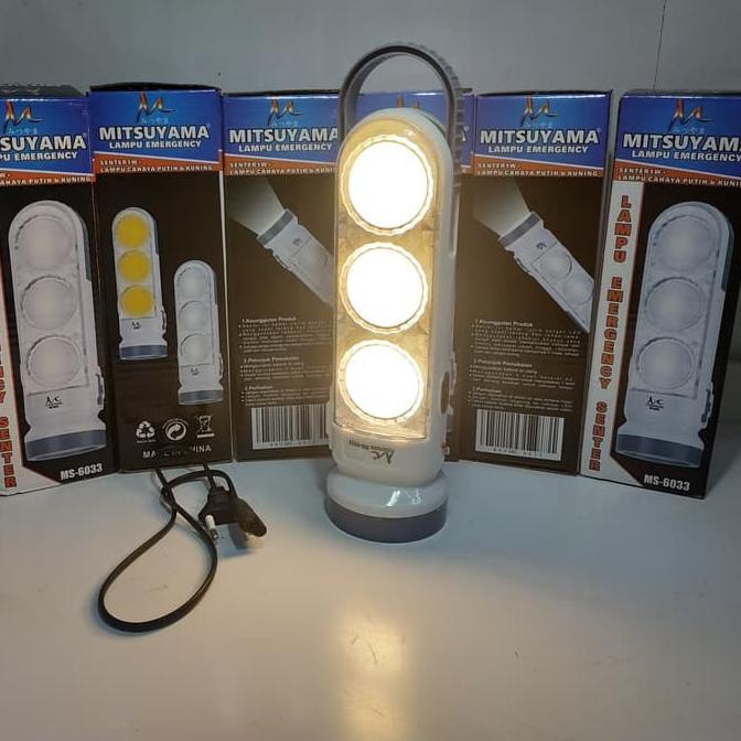 Lampu Emergency Mitsuyama Tiga Mata MS-6033 Lampu Cas Senter Cahaya Kuning dan Putih Super Terang