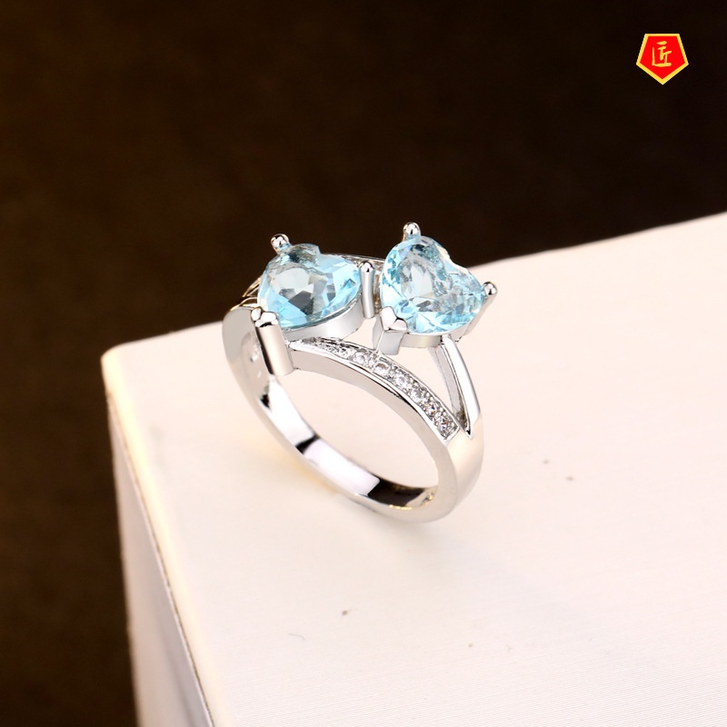 [Ready Stock]Popular Double Love Heart-Shaped Colored Gems Ring S925 Silver