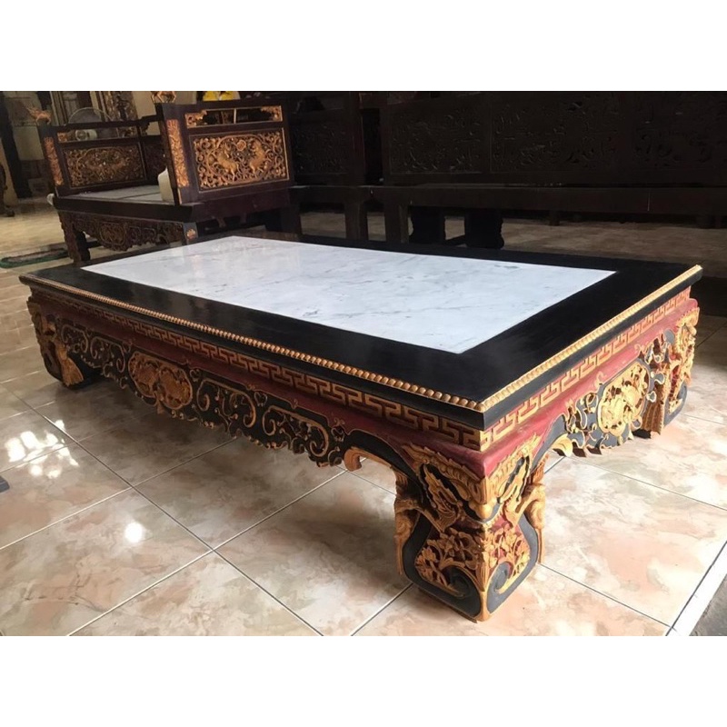 Meja Opium Marmer Putih Jati tua Motif killin