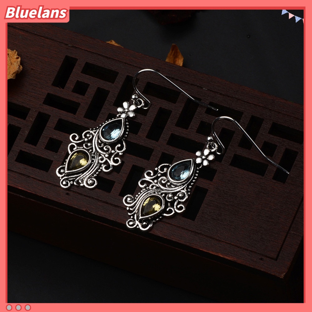 Bluelans Vintage Women Water Drop Rhinestone Flower Dangle Hook Earrings Jewelry Gift