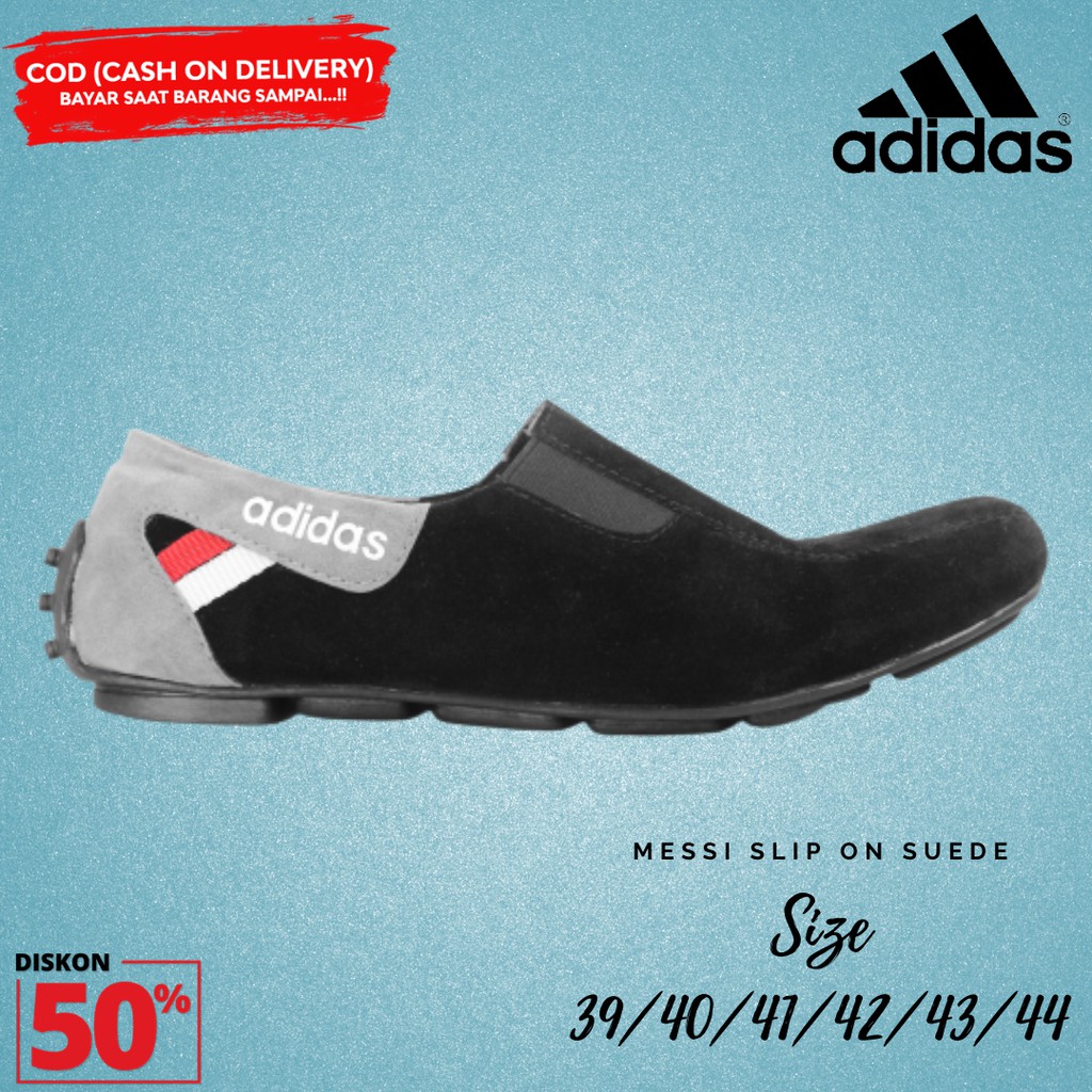 BIG SALE! Sepatu Slip On Pria Adidas Messi Hitam Moccasin Suede Selop Kasual Santai Kerja Jalan Cowo