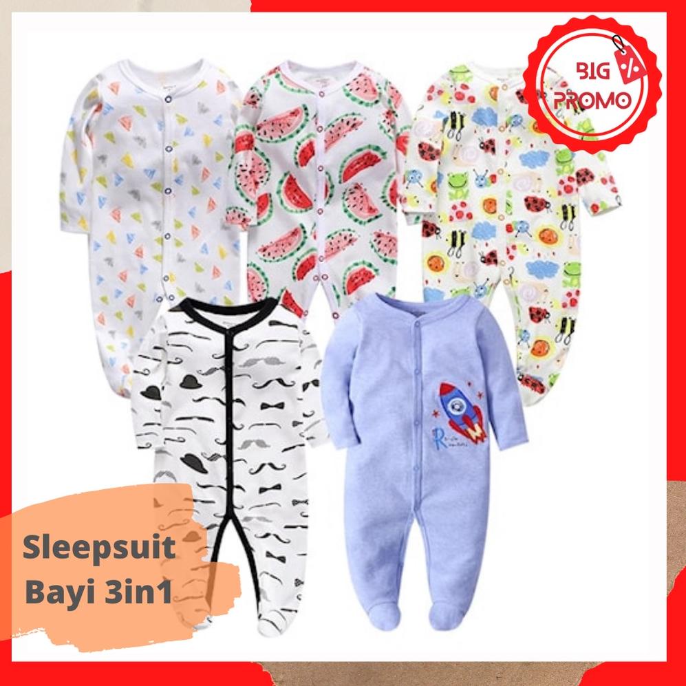 Pasti Puas Baju Bayi Sleepsuit isi 3 Pcs Laki - Laki Perempuan Unisex  0-12 Bulan Tutup Kaki  | Jump
